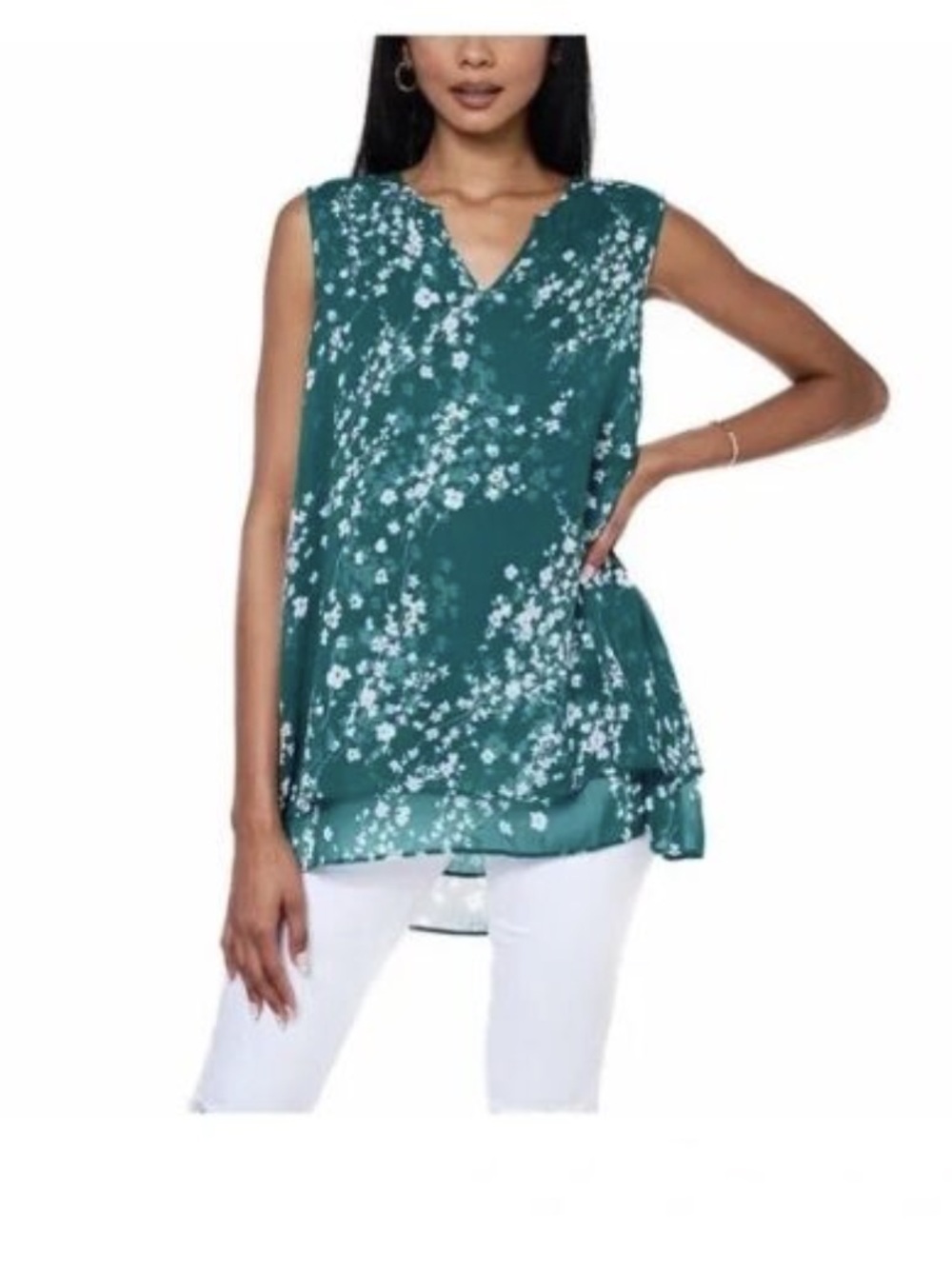 Cristina B Sleeveless Tunic Top Green Spruce Cherry Blossom Print Women's Small